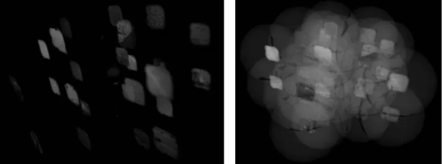 Figure 11. Monthey04. a) Disposition des îles b) visualisation de la zone d’influence des sons attachés à chaque île (images  obtenues par exportation du projet dans le format VRML)