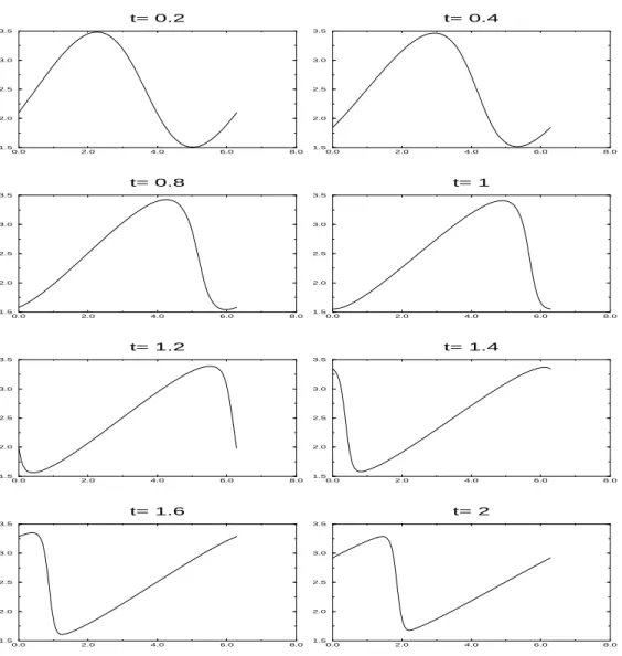 Figure 8: Example (3). Evolution in time by Godunov’s method