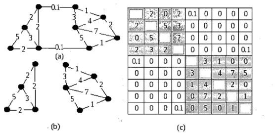FIG.  4.3  - (a)  Graphe  non-orienté  pondéré,  (b)  Graphe  partitionné  en  deux  sous- sous-graphes disjoints,  (c)  Matrice d'affinité  bloc-diagonalisée 