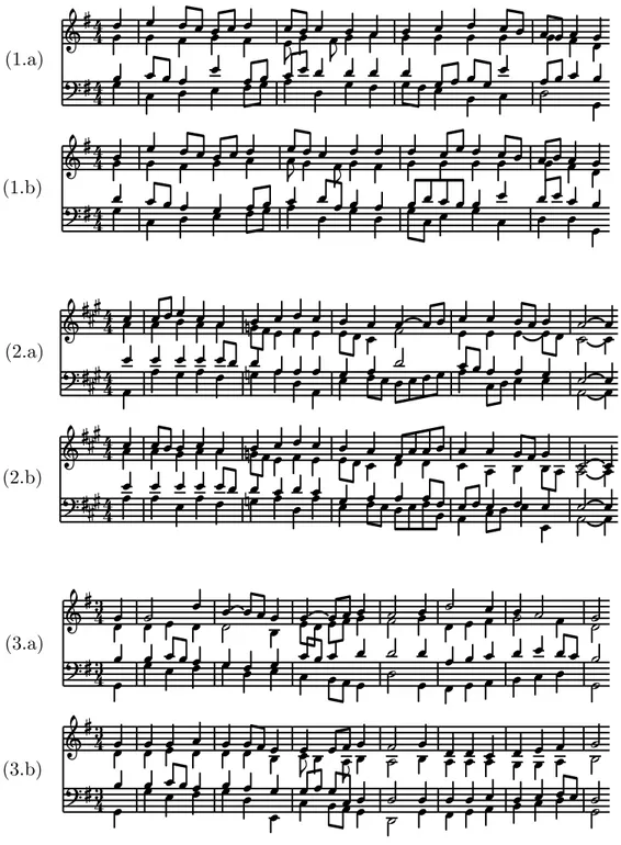 Figure 7: Fist phrases of chorales BWV267 (1.a), BWV253 (2.a) and BWV269 (3.a) and respective transformations (1.b, 2.b and 3.b).