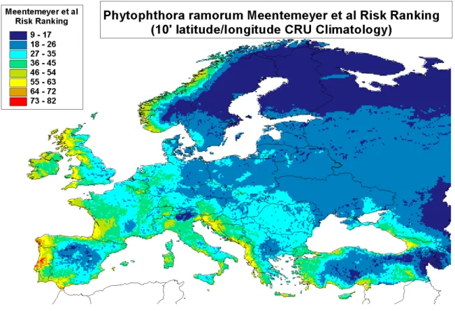 Figure A.  P. ramorum risk ranking model based on Meentemeyer et al. (2004) for Europe using  the 10’ latitude/longitude resolution global climatology for December–May 1961–1990.