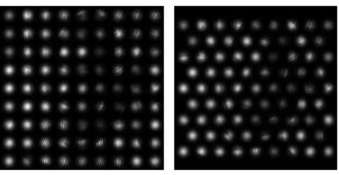 Fig. 2: From left to right: square and hexagonal tilings of laser shots, generated by setting w = 5 and approximately null values for σ, σ c and σ w 