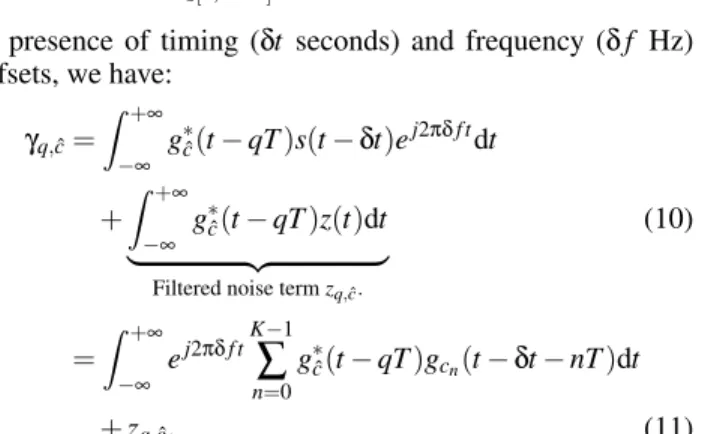 Figure 2. Impact of fine time and frequency offsets in absence of noise, on the magnitude of γ q,c q .