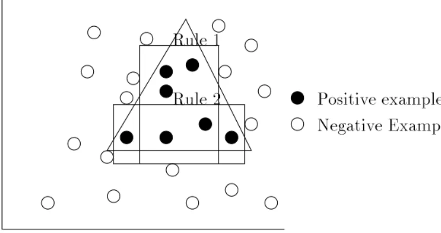 Figure 9: Example of rule generated by the RN Algorithm for a 2-D problem. Positive examples are picked in the triangle