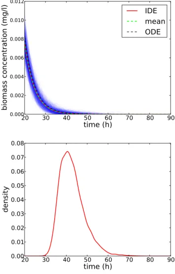 Figure 6: I (Top) Evolution of biomass concentration between t = 20 and t = 90 h: blue, 1000 independent runs of the IBM; in green, the mean value of these runs; in red the solution of the IDE; in black, the solution to the ODE with parameters µ max = 0.81