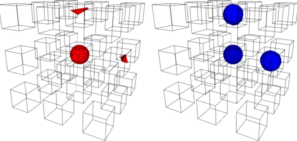 Figure 5: An attempt to mesh a regular grid of spheres (represented by their bounding cubes) using the Delaunay refinement algorithm implemented in CGAL, with 200 random initial points.