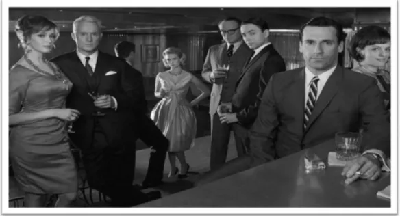 Figure 1: Personnages: Joan Holloway, Roger Sterling, Betty Draper, Lane Price, Peter Campbell, Don Draper, Peggy  Olson