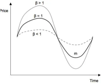 Figure 1.3: Beta. The market portfolio m has β = 1. For assets such that β &gt; 1 both profits and losses are amplified, whereas for assets such that β &lt; 1 both profits and losses are reduced.