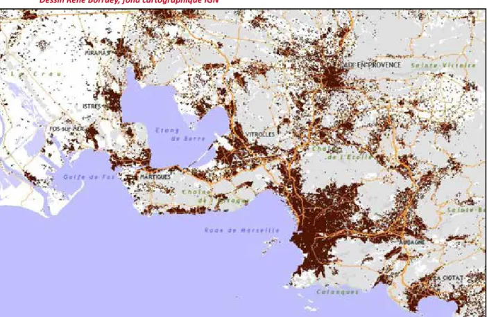 Figure 1a : L’aire métropolitaine marseillaise: l’emprise de l’urbanisation. 