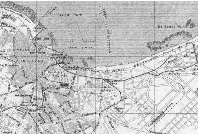 Figure  1   :  Plan  du   centre-ville  de   Casablanca  en   1919,   extrait   du   &#34;Plan  du   Bureau  Topographique&#34;,  publié dans Les Guides Bleus