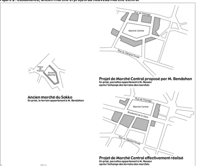 Figure 2 : Plans de masse de l'ancien marché du Sokko, du projet de nouveau marché tel  que proposé par messieurs Hassan et Bendahan et du Marché Central tel qu'il fut réalisé  en 1918-1919 par l'architecte Pierre Bousquet