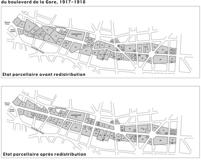 Figure   3   :  Evolution   du   parcellaire   avant   et   après   redistribution   par   l'association  syndicale  de   propriétaires   urbains  du   boulevard   de   la  Gare