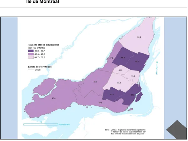 Figure 2:  Taux de places subventionnées disponibles par territoire de CSSS,   Île de Montréal 