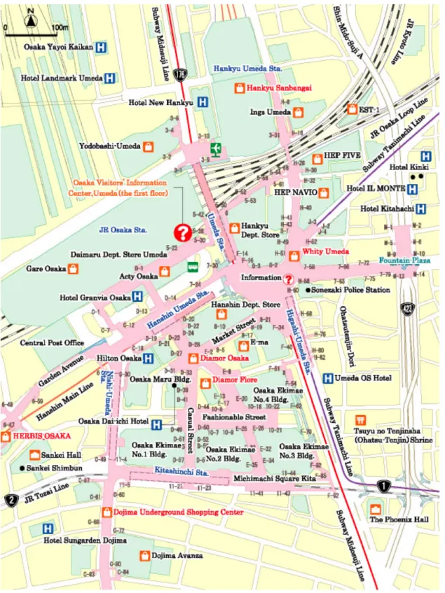 Figure 10. Osaka : espaces piétonniers souterrains dans le quartier de Kita (en rose)