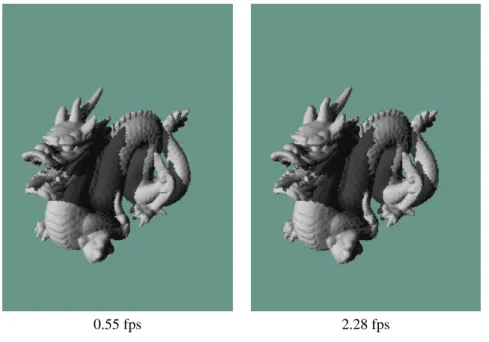 Figure 6: Quality and speed of shadows. View of the Dragon model shown (left) with points at level 5 with shadows and (right) multi-level display with one-pass shadows multi-level
