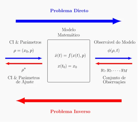 Figura 3: Representa¸c˜ao esquem´atica dos problemas direto e inverso associado ao modelo epidemiol´ogico.