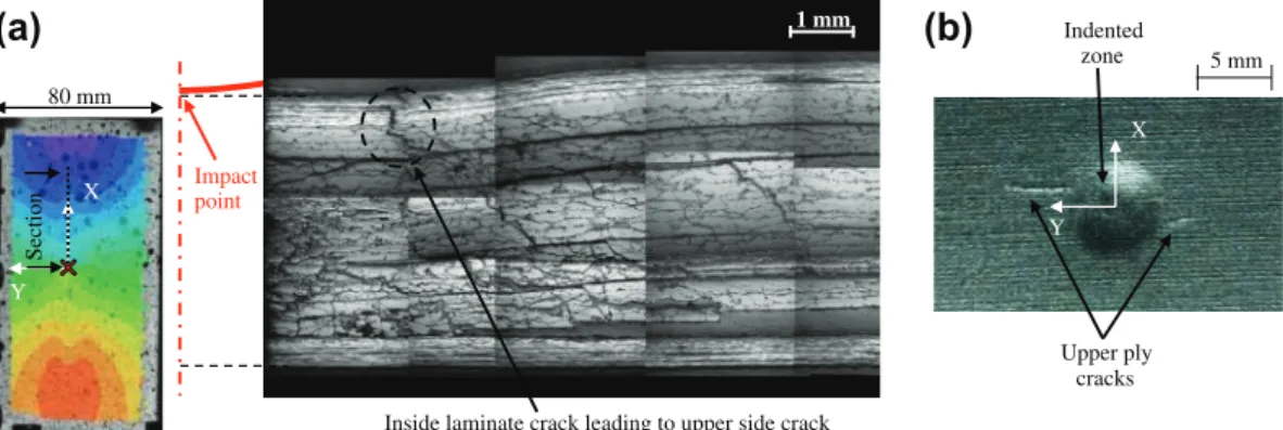 Fig. 8. Cracks initiated by static indentation: (a) static indentation at 24.8 J: barely visible crack (microscope) and (b) static indentation at 27.3 J: visible cracks (photo)
