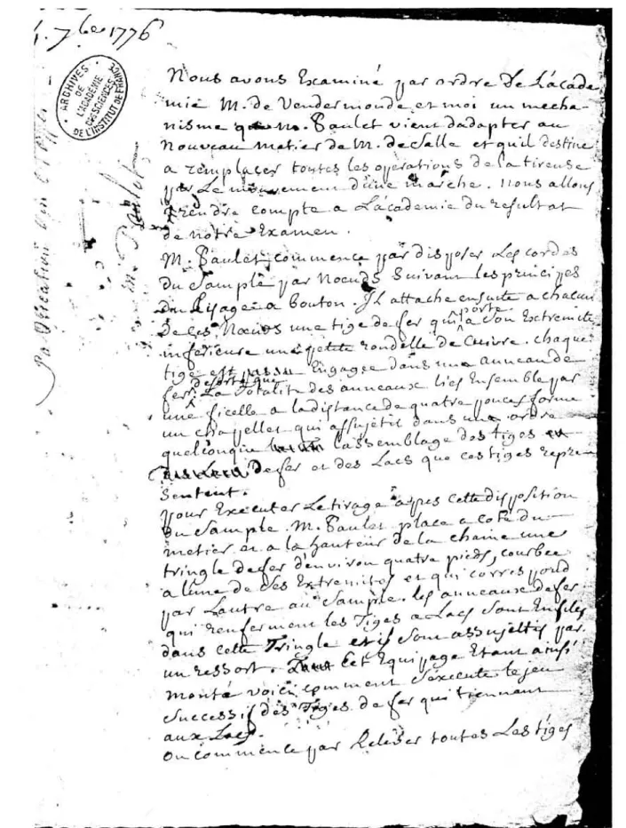 Figure 2. Première page d'un rapport de quatre pages, écrit et signé par Nicolas Desmarest (avec Vandermonde), sur une invention de M