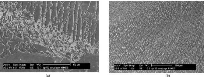 Fig. 4. High carbon material, SEM micrographs showing the interfacial zone between the metal and the weld bead (a) and the detail of the carbide precipitation in the weld bead (b).
