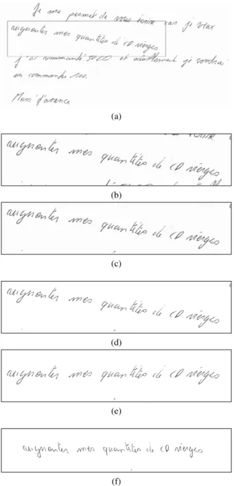 Figure 2 – Principales étapes du prétraitement. (a) Courrier original. (b) Découpage de la ligne