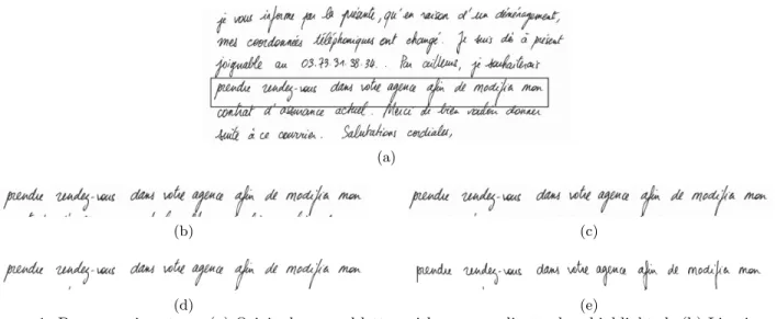 Figure 1: Preprocessing steps. (a) Original scanned letter with one coordinates box highlighted