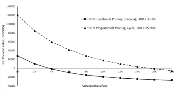 Fig. 1. Net present value (NPV) with a common planning horizon as a function of the different  attractiveness rates, and internal rate of return (