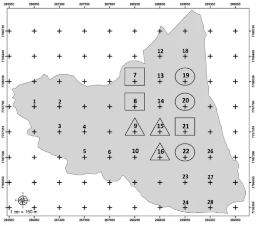 Figura 2 – Localização das parcelas de baixada (Triângulo), encosta (Círculo) e topo de morro (Quadrado), alocadas dentro  da Reserva Particular do Patrimônio Natural Cafundó, Cachoeiro de Itapemirim, ES, Brasil