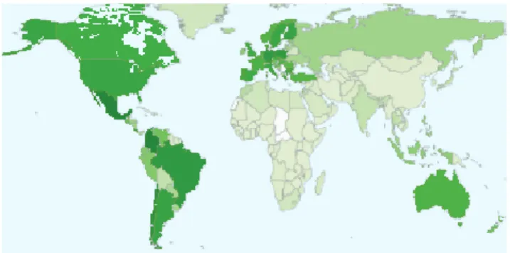 Figure 1: Geographic distribution of the origin of views for a sample YouTube video.