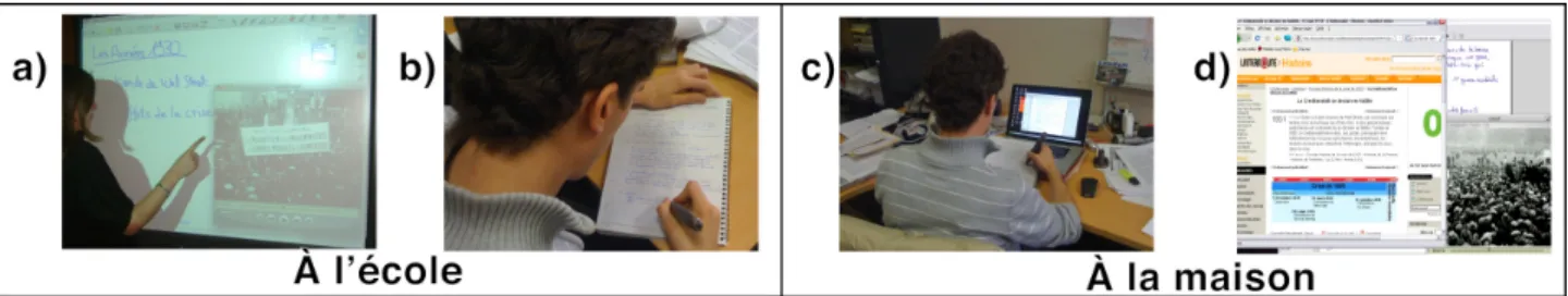 Figure 1 : a) Cours par l’enseignant ; b) Prise de note de l’élève ; c) Synchronisation du stylo et de l’ordinateur ;   d) Consultation du cahier numérique.