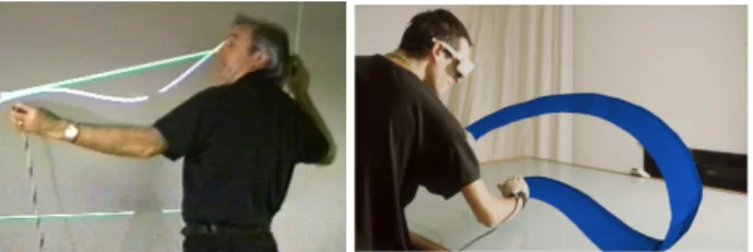 Figure 5: Exemples de dispositifs pour l’interaction dans les airs. (a) TapeDrawing, (b) Surface Drawing