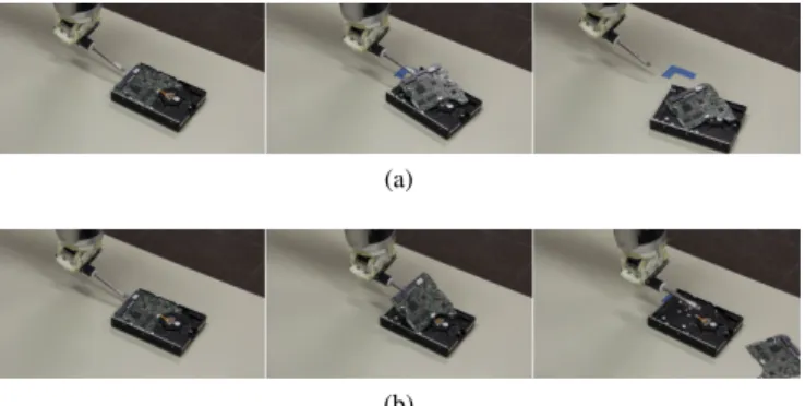 Fig. 5. Two different lever motions for levering and removing a PCB from the hard drive reproduced with the robot arm