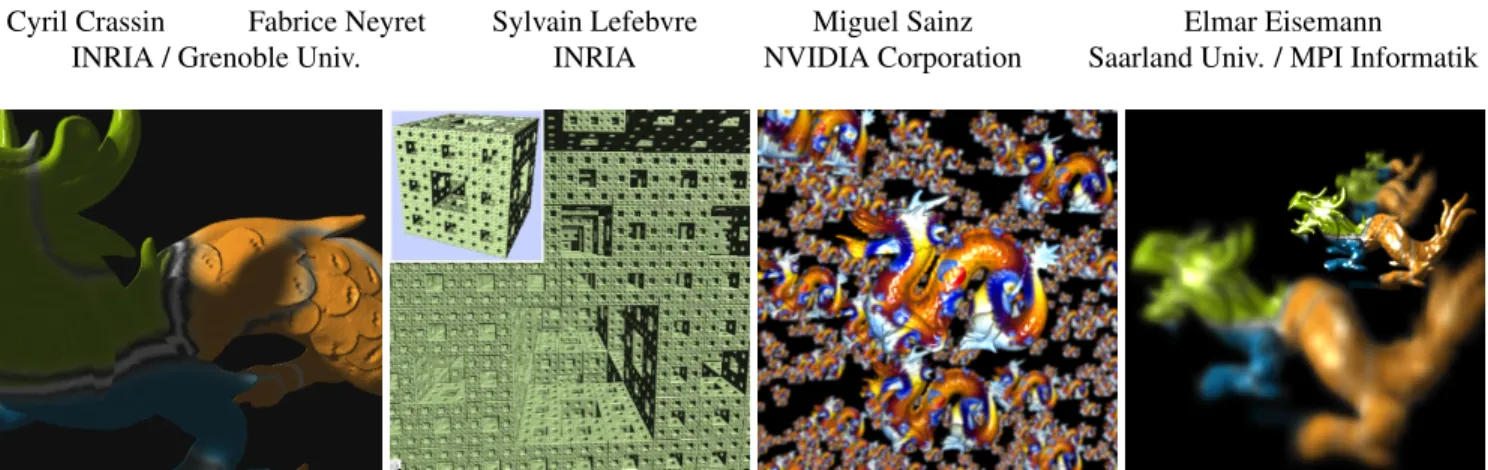 Figure 1: Our technique renders complex scenes consisting of billions of voxels in real time and supports soft shadows, instancing, high-quality filtering, and depth-of-field effects.