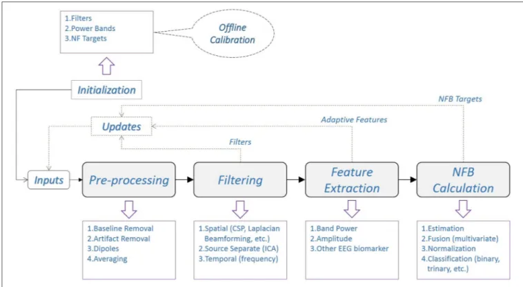 FIGURE 2 | Generic diagram of a real-time EEG processing pipeline for NFB. The (optional) offline calibration, usually performed right before the real-time experiments, is used to obtain initialization information for real-time processing during NFB sessio
