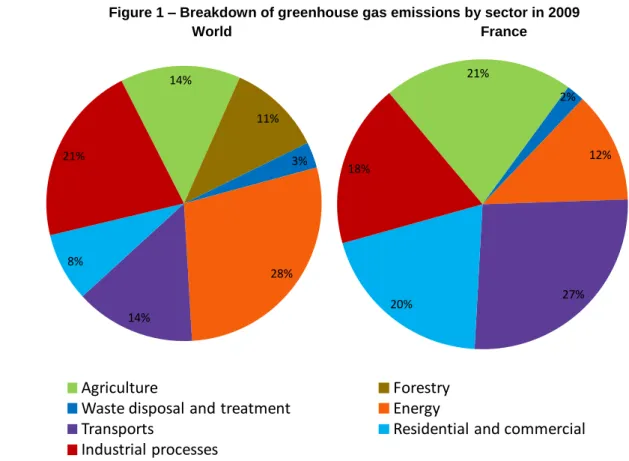 Figure 1 – Breakdown of greenhouse gas emissions by sector in 2009             World                    France