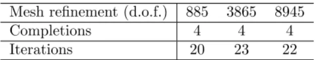 Table 3: Influence of the mesh refinement on the number of completions and iterations ( k = 10 − 2 , ǫ N ew = 5 