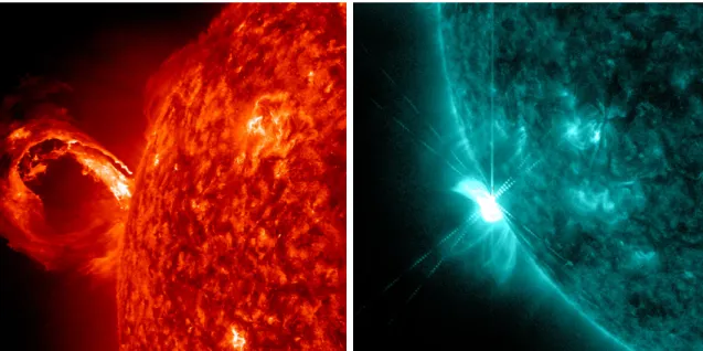 Figure 1.2. ´ Ejection de masse coronale (` a gauche ` a 304 ˚ A) et ´ eruption so- so-laire (` a droite ` a 131 ˚ A); voir http://sdo.gsfc.nasa.gov/gallery/main/item/193 et http://sdo.gsfc.nasa.gov/gallery/main/item/165