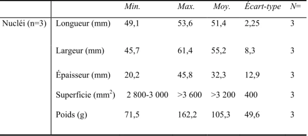 Tableau 4.3.1 Attributs métriques des nucléi du site CjEd-8 