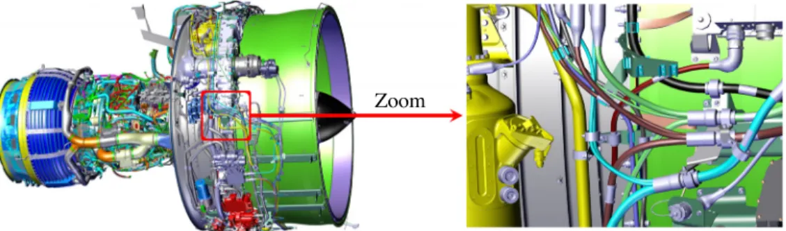Fig. 2 Example of 3-D inspection: (a) airplane engine, (b) the interference between some cables cannot be determined by 2-D image analysis.