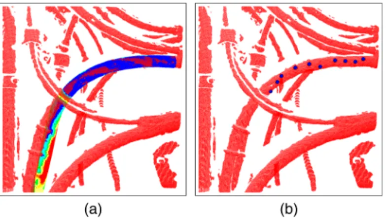 Fig. 8 (a) The differences between the CAD model of the cable and the real point cloud (blue: