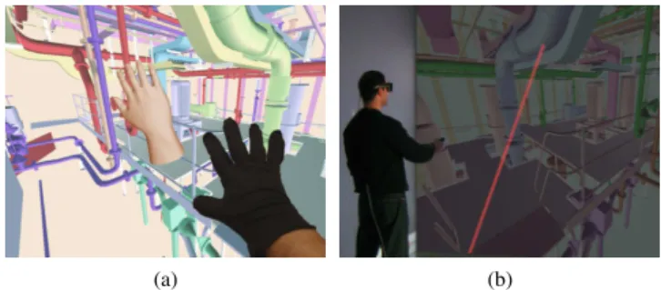 Figure 1: Object selection using different metaphors and de- de-vices: (a) Virtual Hand, (b) virtual pointing through a hand-held spatial input device.