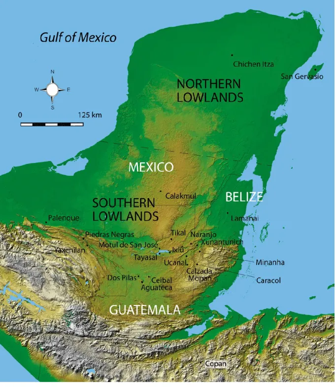 Figure 2 Map of the Maya region, (adapted by Halperin from Satellite  map, NASA-JPL-Caltec PIA03364) (Halperin and Garrido 2019, fig.1) 