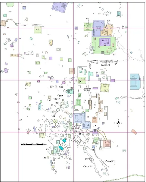 Figure 7 Map of Ucanal with architectural groups excavated up to 2018  and indicated by group labels (PAU 2014-2018; Atlas survey 1998-1999)  (Halperin and Garrido, 2019: fig 6) 