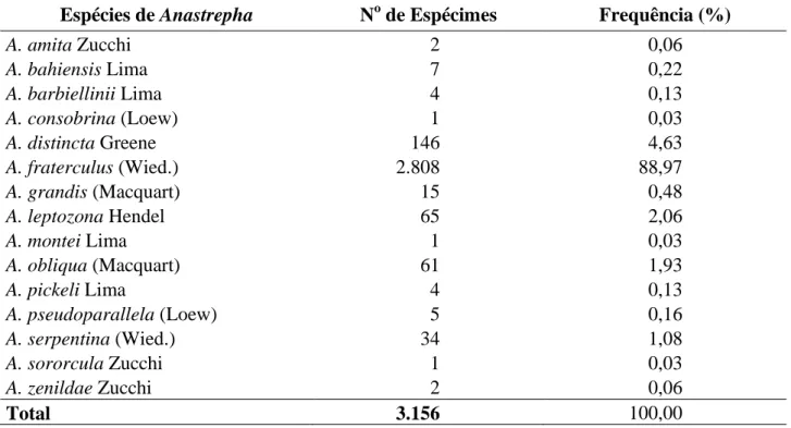 Tabela 1 - Espécies de Anastrepha coletadas em pomar de goiabeira, município de Alfredo Chaves,  ES, Brasil de junho de 2001 a dezembro de 2008 