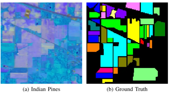 Fig. 7. The Indian Pines dataset and its corresponding ground truth; its thematic classes (ground truth size) are: Alfalfa (46), Corn-notill (1428), Corn-mintill (830), Corn (237), Grass-pasture (483), Grass-trees (730), Grass-pasture-mowed (28), Hay-windr