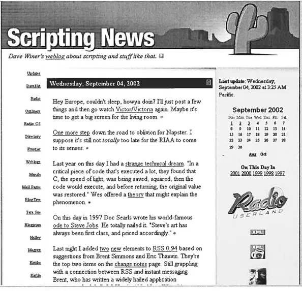 Figure 3.1: Front page snapshot from the weblog ofDave Winer, CEO ofUserLand Software, inc., taken on September 4, 2002.