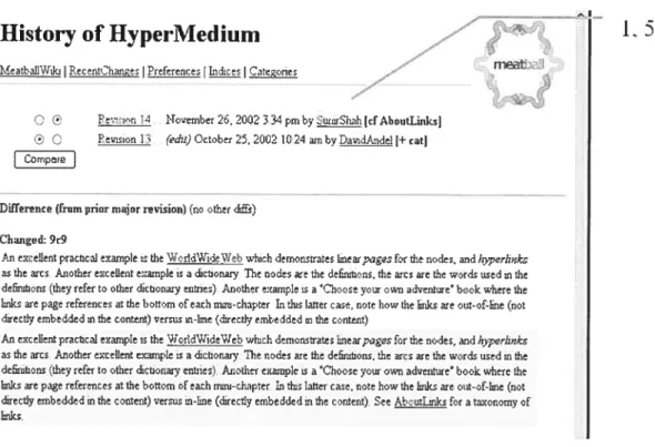 Figure 4.3: The revision historv for the page titled “HvperMedium” in Meatball Wiki, along with the differences hetween the last two versions.