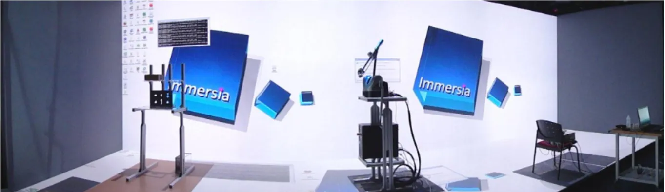 Fig. 3 Experimental setup in the immersive room overview. From left to right, real  environment, virtual environment with force feedback, virtual environment without force 