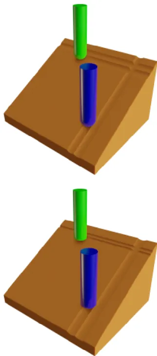 Figure 2 shows step-over distances allowed by ball-end cutter (above) and toroidal cutter (below), when  machin-ing in the steepest-slope direction (blue cutter) or in a direction perpendicular to this one (green cutter)
