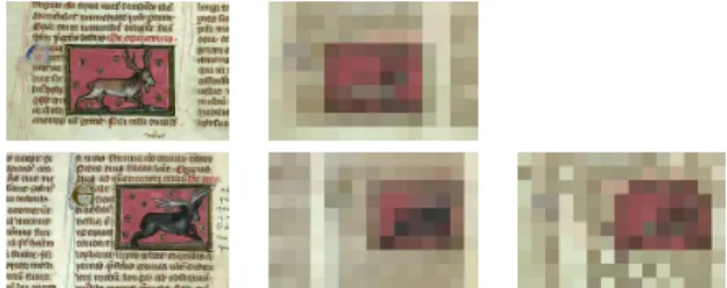 Figure 2. Two images (left) and the associated thumbnails (middle), made of n = 10 × 15 pixels