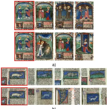 Figure 4. Color spatial weighting using parameter α. A query image (red framed on the left) is followed by its three nearest matches on first lines of figure a) and b), with α = 0.5